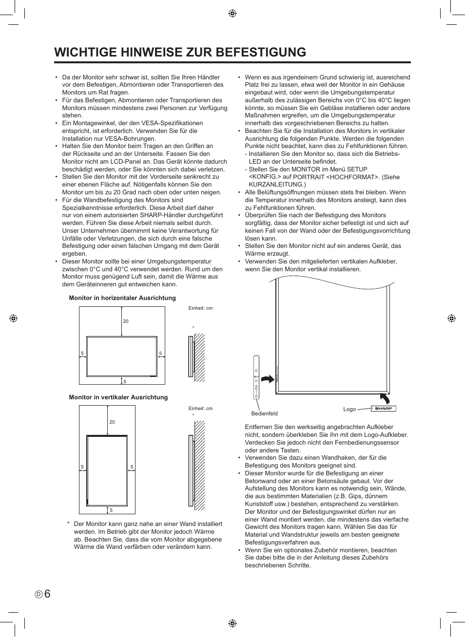 Wichtige hinweise zur befestigung | Sharp PN-E601 User Manual | Page 44 / 64