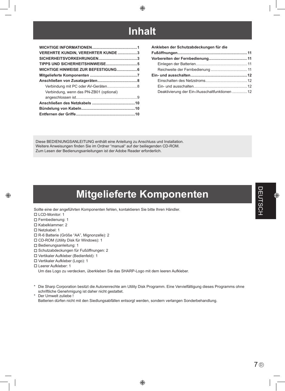 Inhalt, Mitgelieferte komponenten, Deutsch | Sharp PN-E601 User Manual | Page 45 / 64