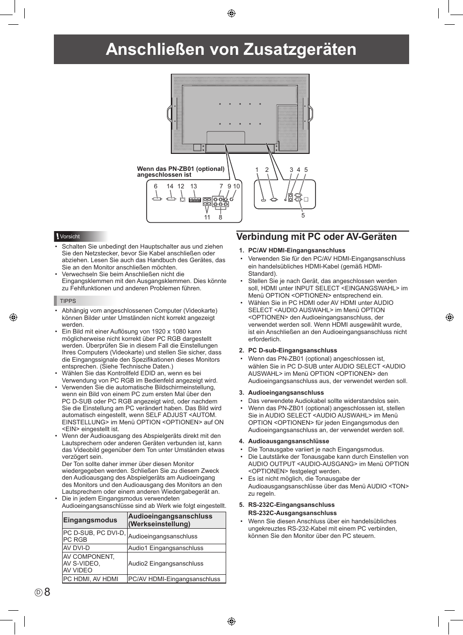 Anschließen von zusatzgeräten, Verbindung mit pc oder av-geräten | Sharp PN-E601 User Manual | Page 46 / 64