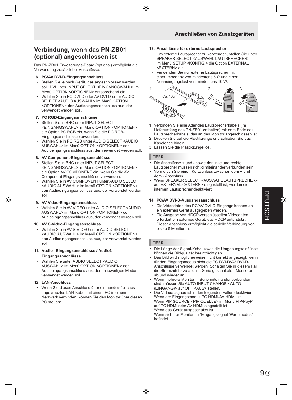 Deutsch, Anschließen von zusatzgeräten | Sharp PN-E601 User Manual | Page 47 / 64