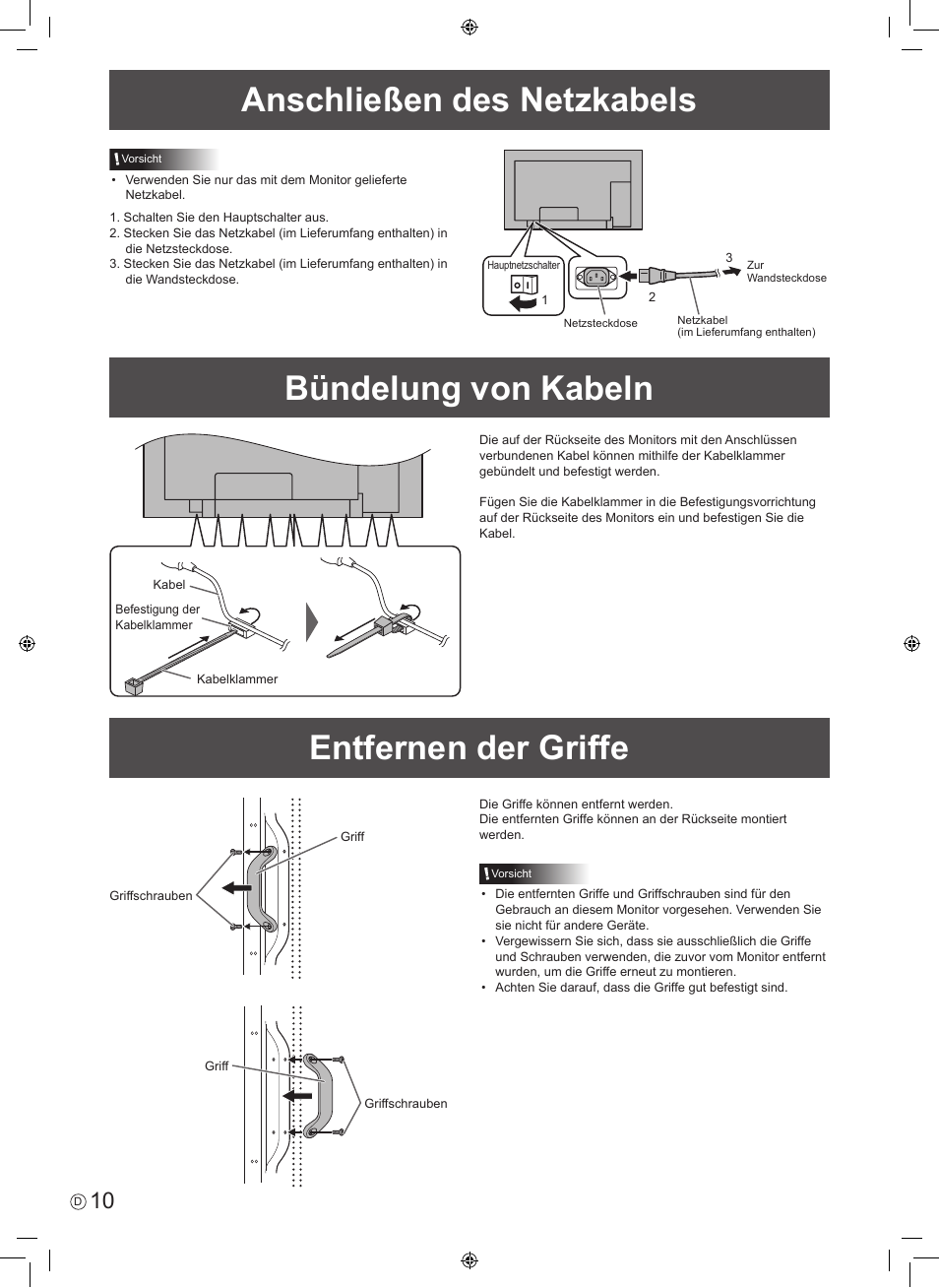 Anschließen des netzkabels, Bündelung von kabeln, Entfernen der griffe | Sharp PN-E601 User Manual | Page 48 / 64