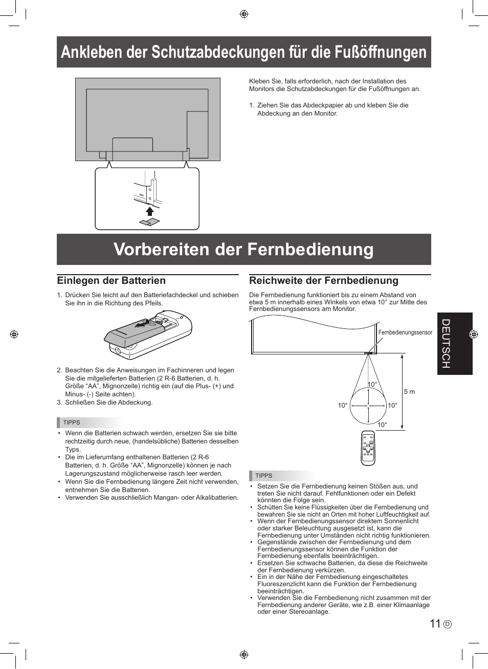 Vorbereiten der fernbedienung, Deutsch, Einlegen der batterien | Reichweite der fernbedienung | Sharp PN-E601 User Manual | Page 49 / 64