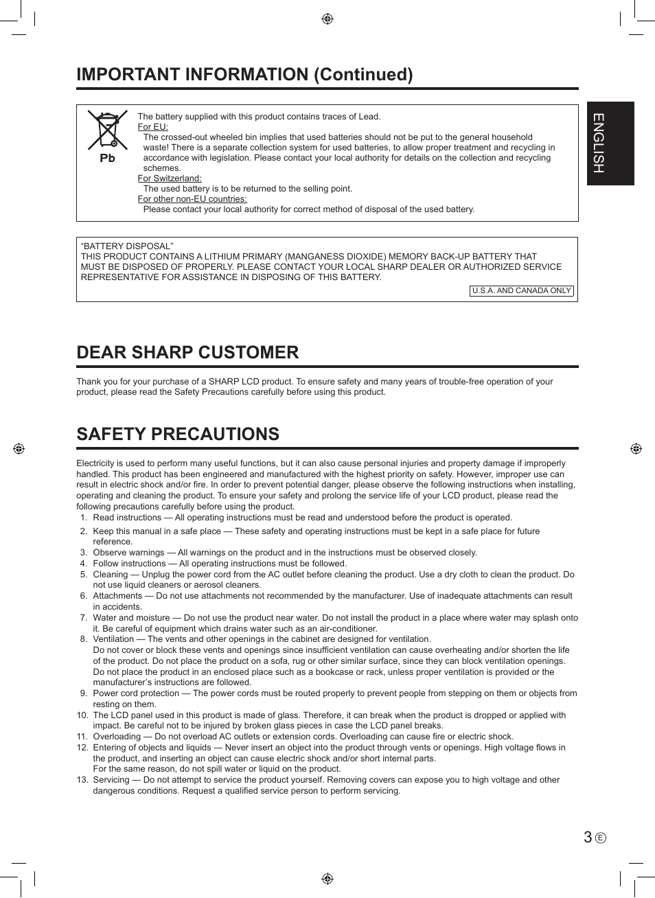 Dear sharp customer, Safety precautions, Important information (continued) | English | Sharp PN-E601 User Manual | Page 5 / 64