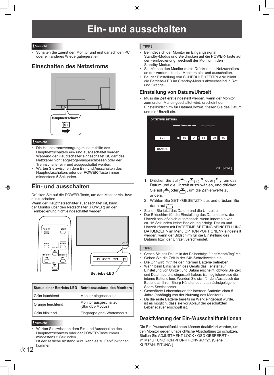 Ein- und ausschalten, Einschalten des netzstroms, Deaktivierung der ein-/ausschaltfunktionen | Einstellung von datum/uhrzeit | Sharp PN-E601 User Manual | Page 50 / 64