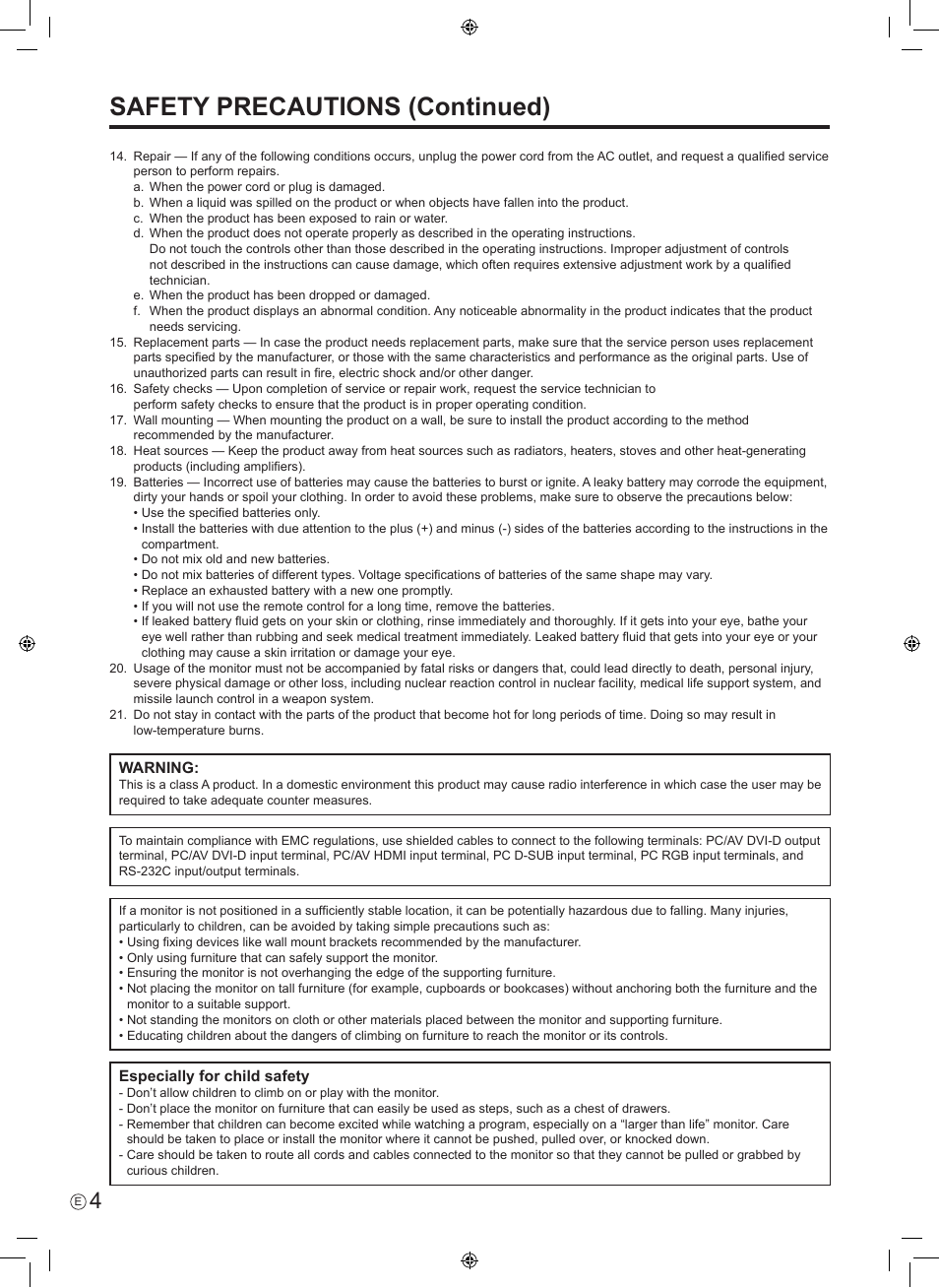 Safety precautions (continued) | Sharp PN-E601 User Manual | Page 6 / 64