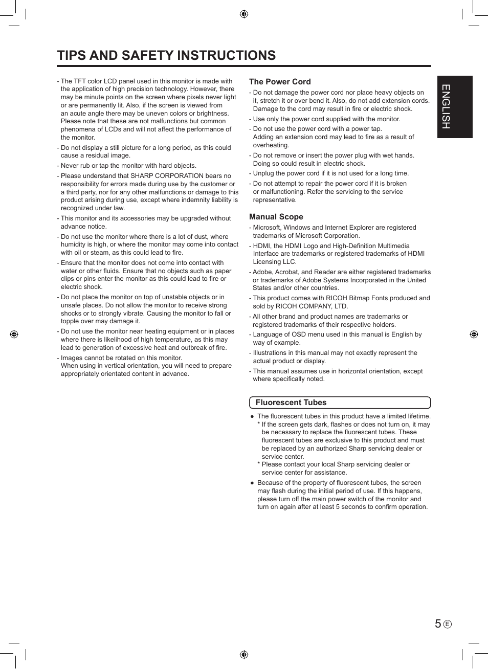 Tips and safety instructions, English | Sharp PN-E601 User Manual | Page 7 / 64