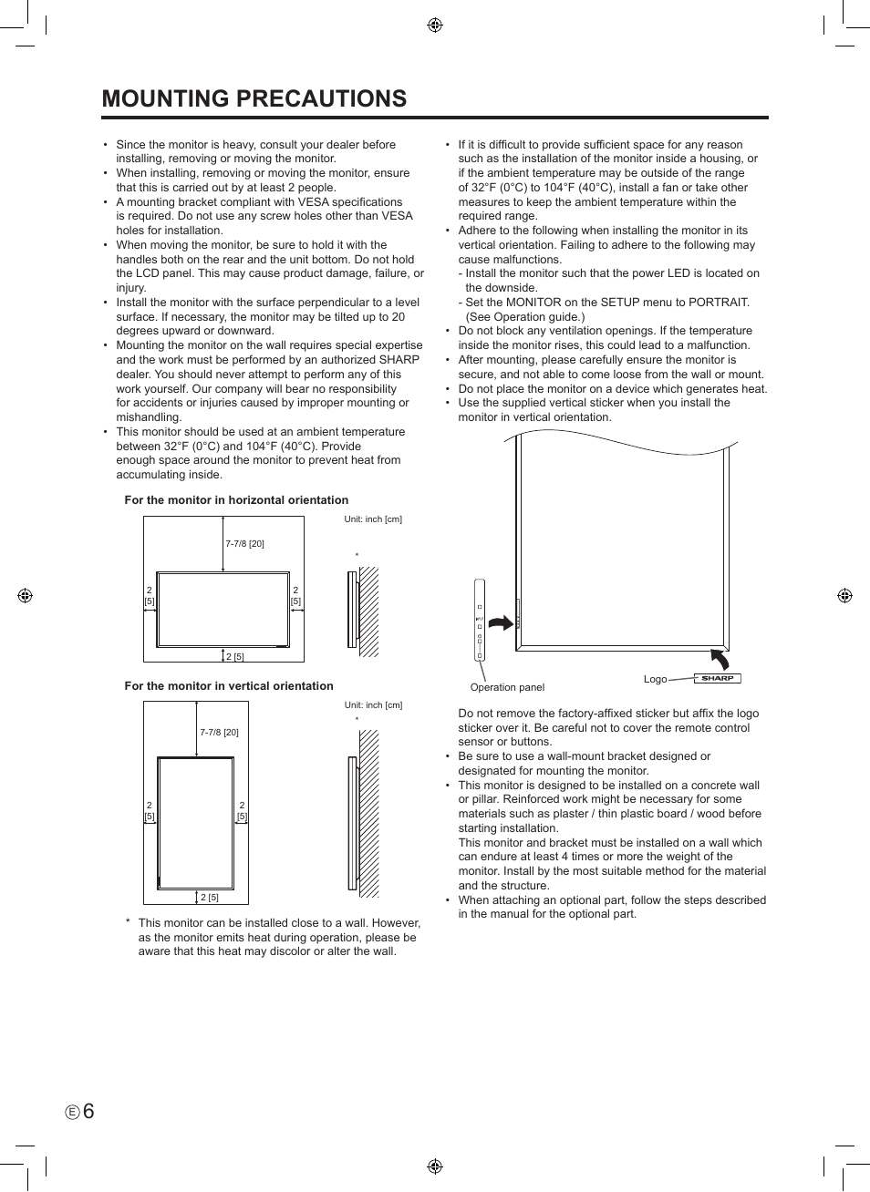 Mounting precautions | Sharp PN-E601 User Manual | Page 8 / 64