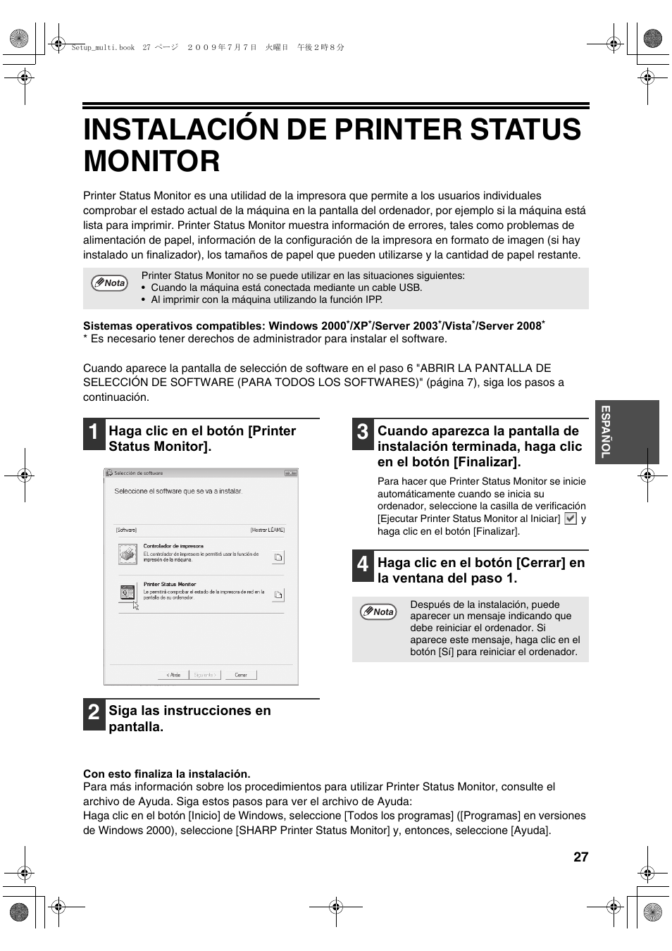 Instalación de printer status monitor | Sharp MX-PB12 User Manual | Page 113 / 172