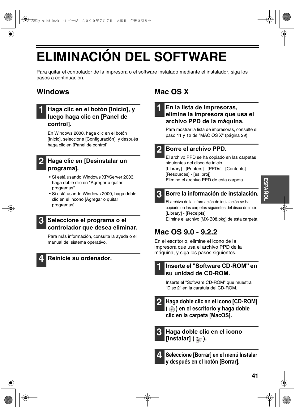 Eliminación del software, Windows, Mac os x | Sharp MX-PB12 User Manual | Page 127 / 172