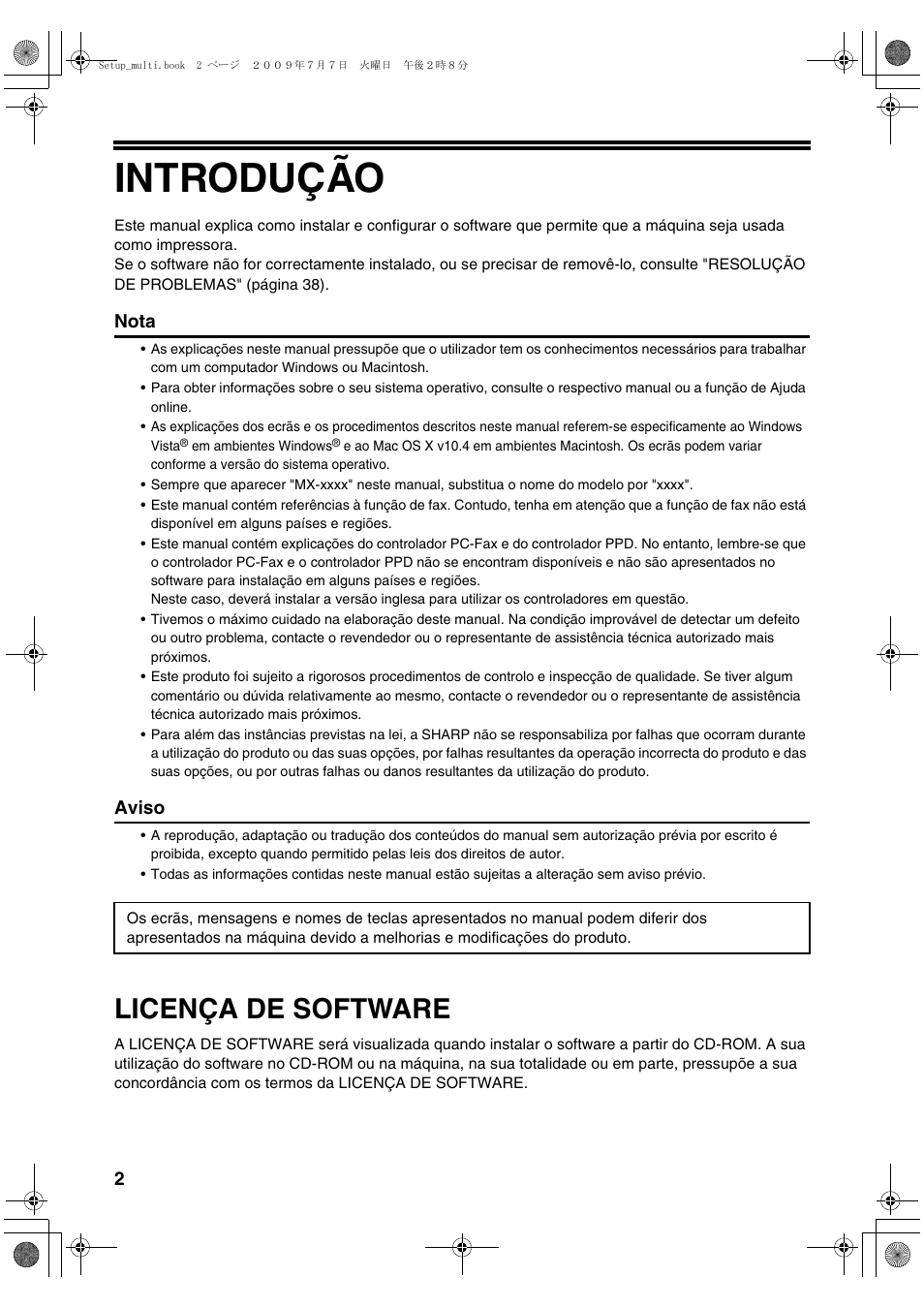 Introdução, Licença de software, Nota | Aviso | Sharp MX-PB12 User Manual | Page 130 / 172