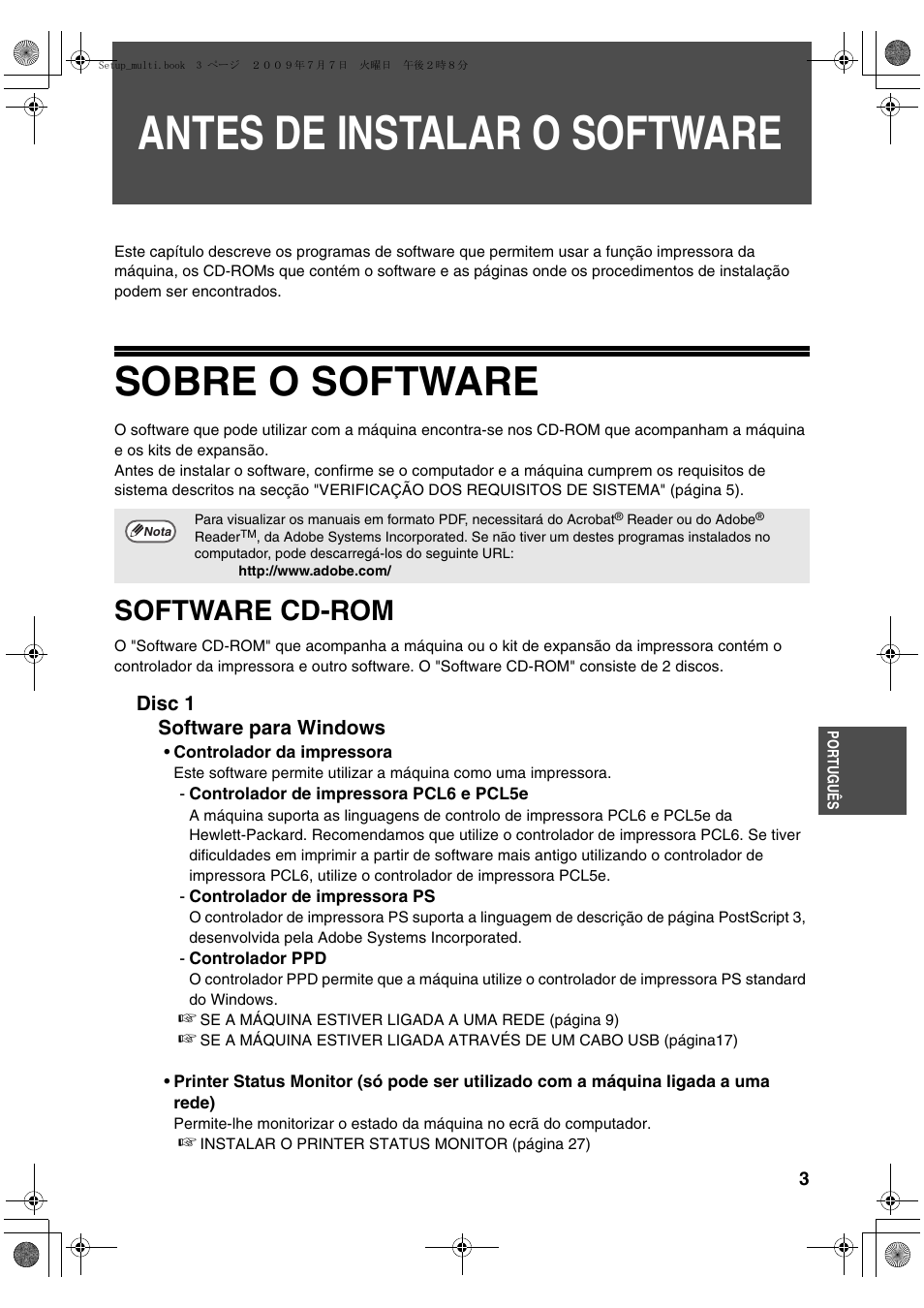 Antes de instalar o software, Sobre o software, Software cd-rom | Sharp MX-PB12 User Manual | Page 131 / 172
