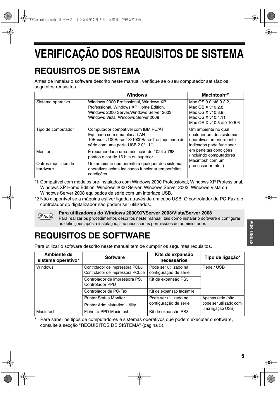 Verificação dos requisitos de sistema, Requisitos de sistema, Requisitos de software | Sharp MX-PB12 User Manual | Page 133 / 172