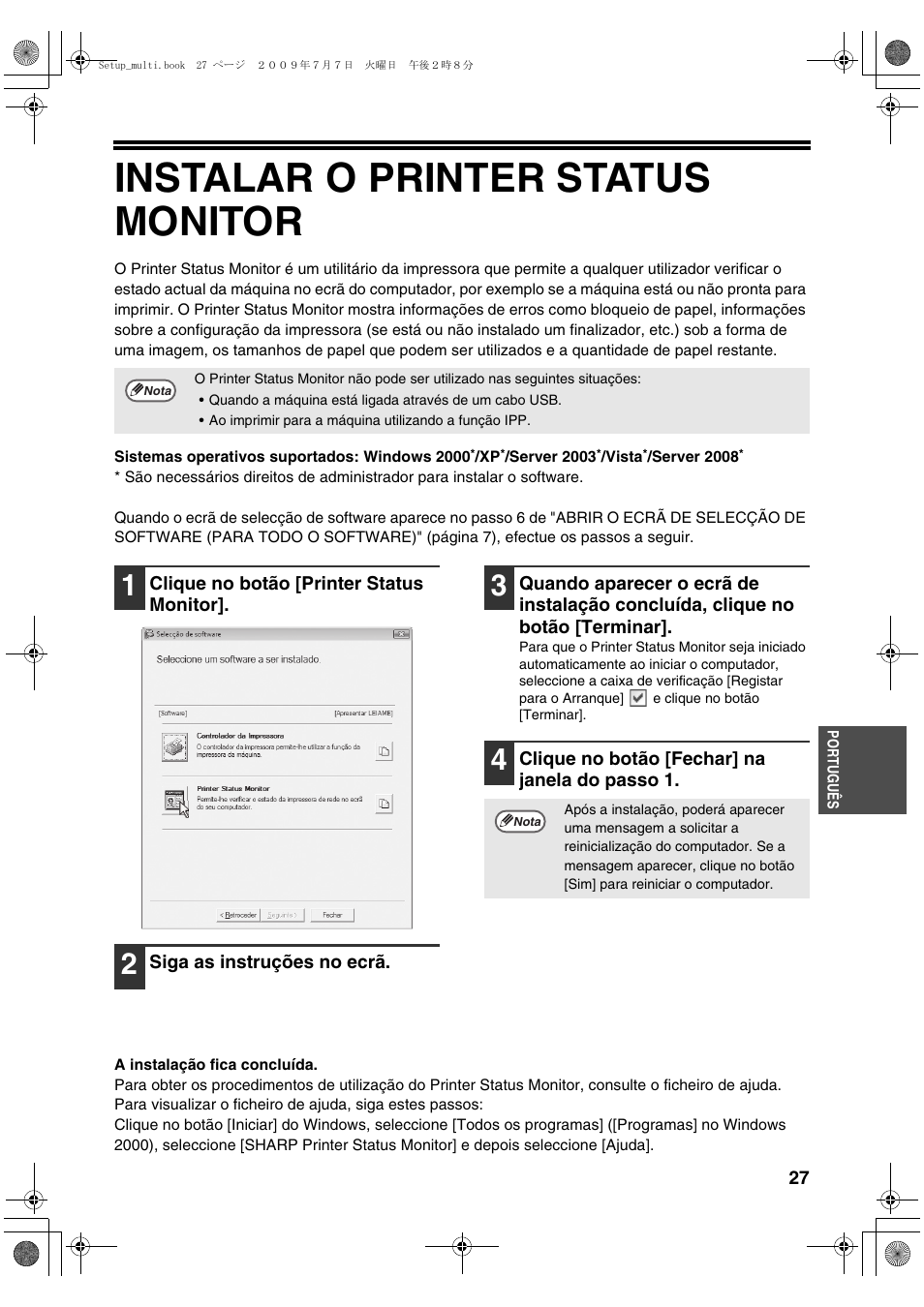 Instalar o printer status monitor | Sharp MX-PB12 User Manual | Page 155 / 172