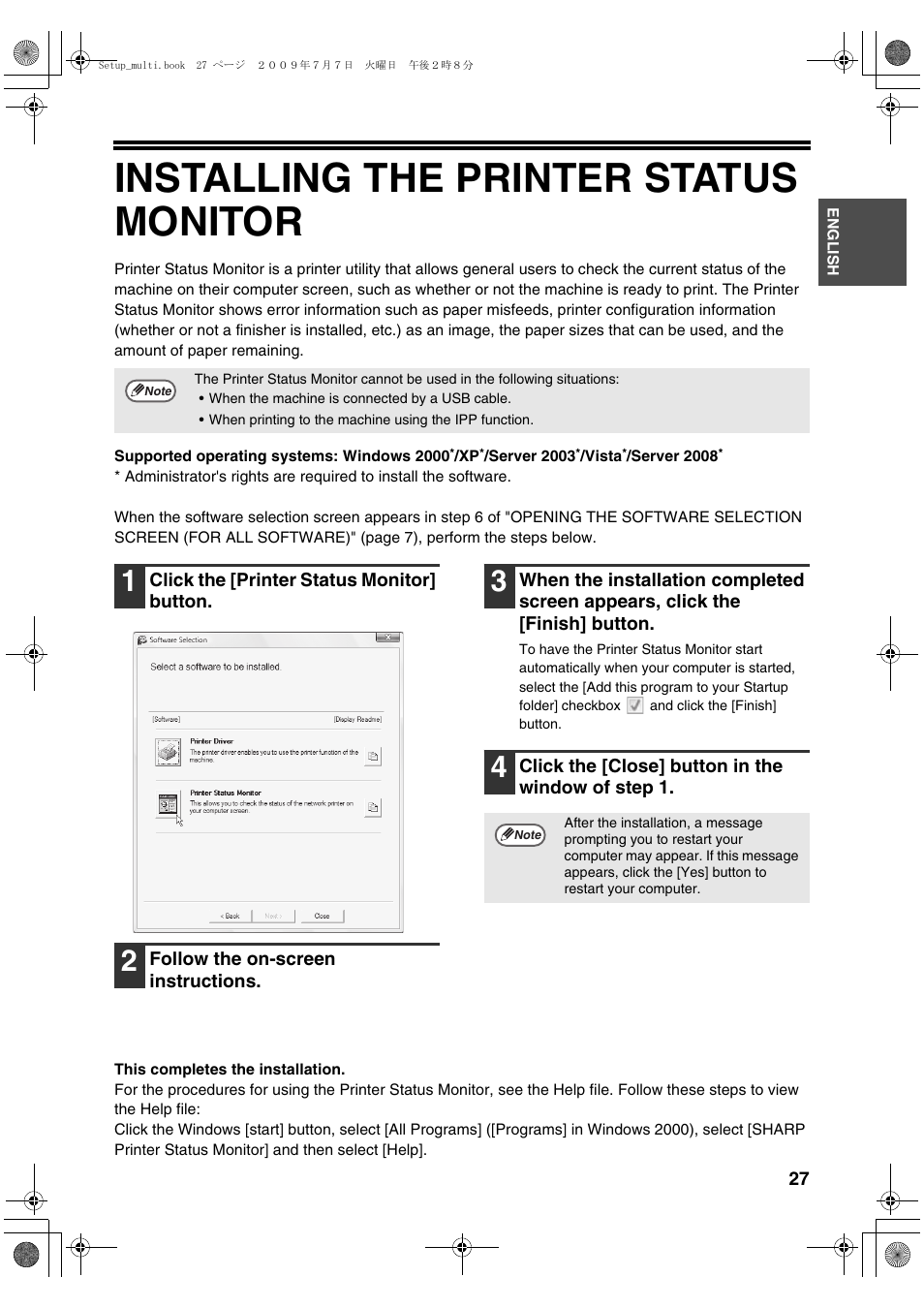 Installing the printer status monitor | Sharp MX-PB12 User Manual | Page 29 / 172