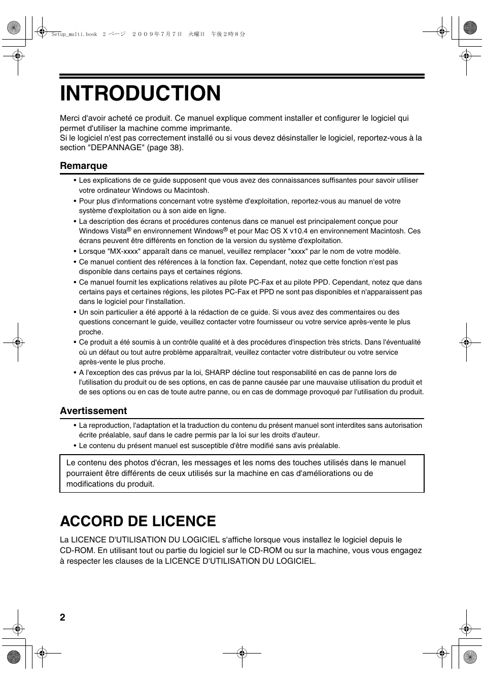 Introduction, Accord de licence, Remarque | Avertissement | Sharp MX-PB12 User Manual | Page 46 / 172
