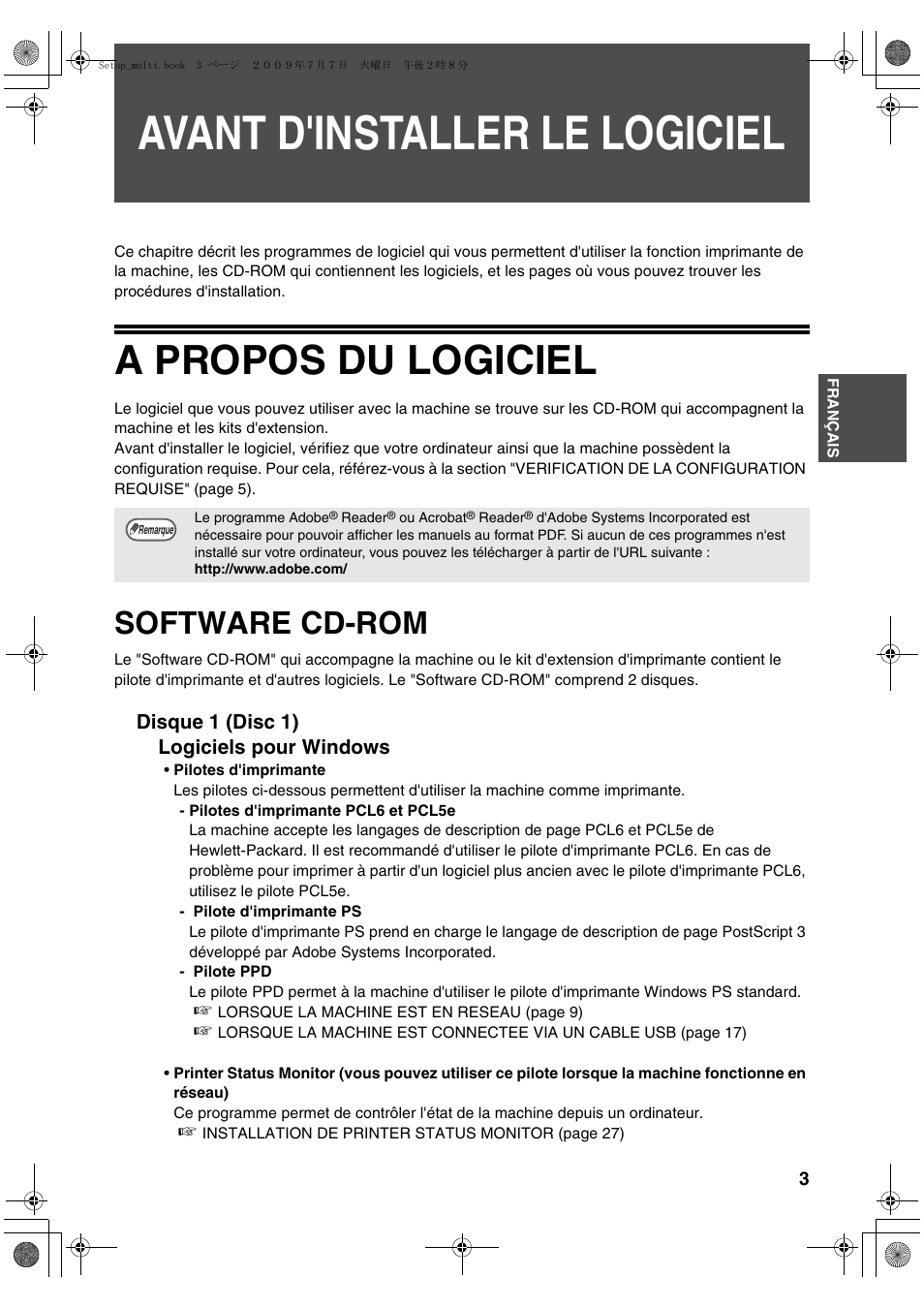 Avant d'installer le logiciel, A propos du logiciel, Software cd-rom | Sharp MX-PB12 User Manual | Page 47 / 172