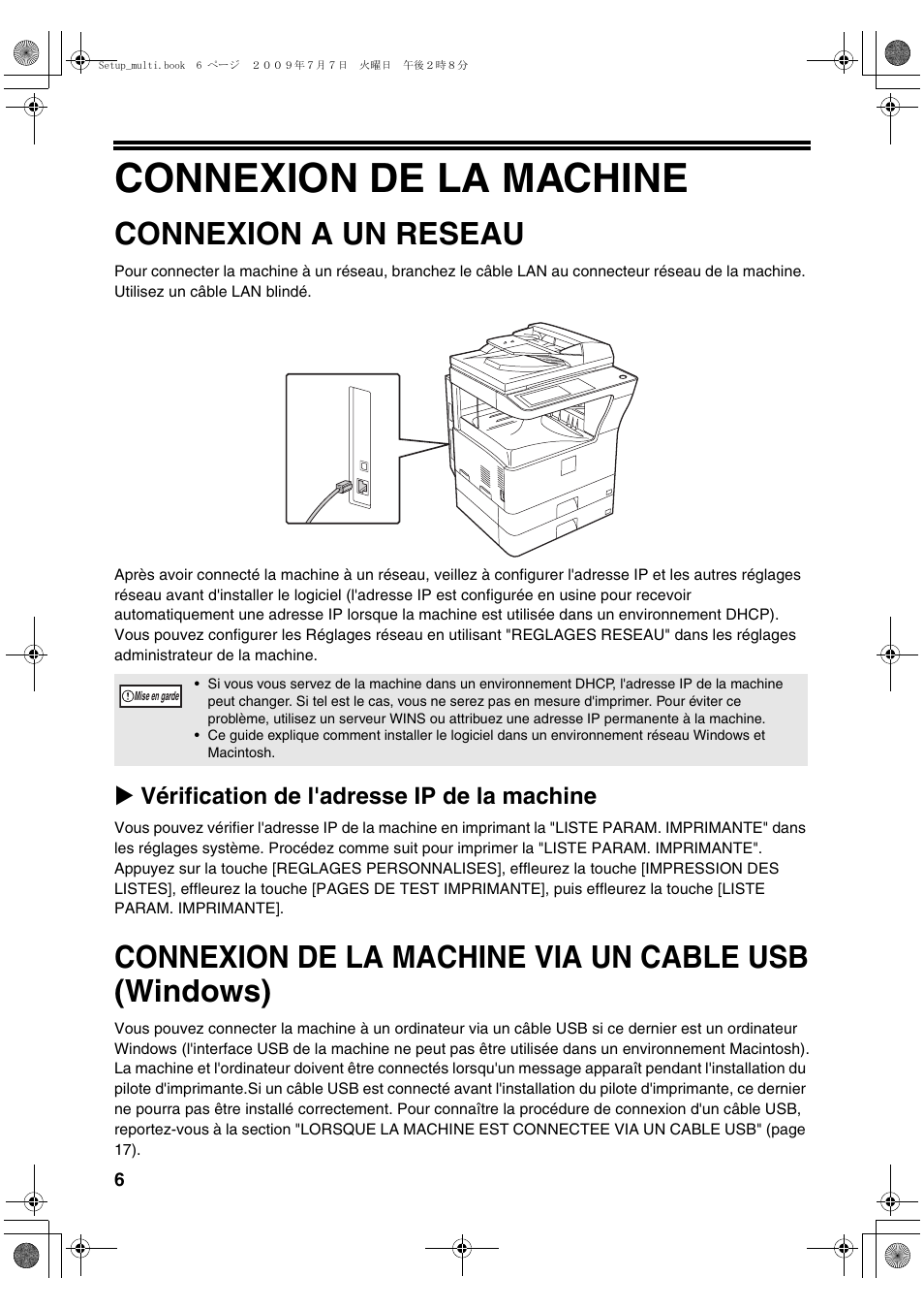 Connexion de la machine, Connexion a un reseau, Connexion de la machine via un cable usb (windows) | X vérification de l'adresse ip de la machine | Sharp MX-PB12 User Manual | Page 50 / 172