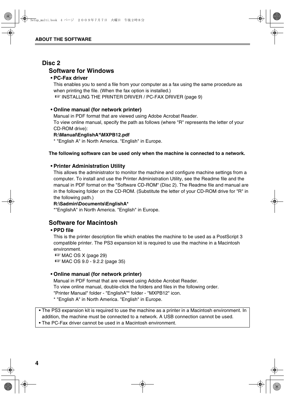 Disc 2 software for windows, Software for macintosh | Sharp MX-PB12 User Manual | Page 6 / 172
