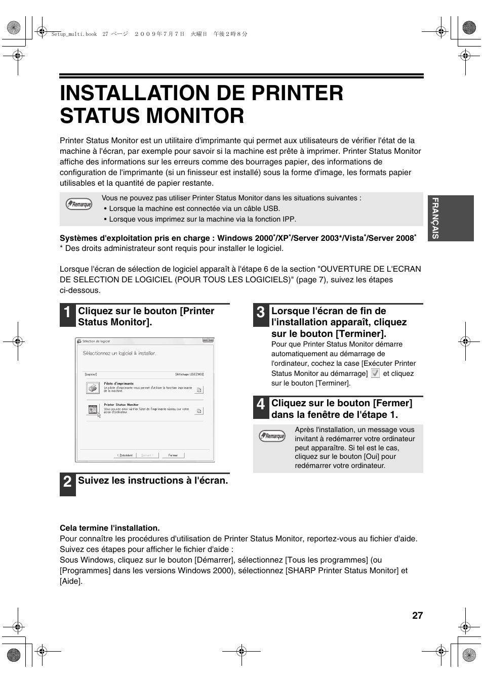 Installation de printer status monitor | Sharp MX-PB12 User Manual | Page 71 / 172