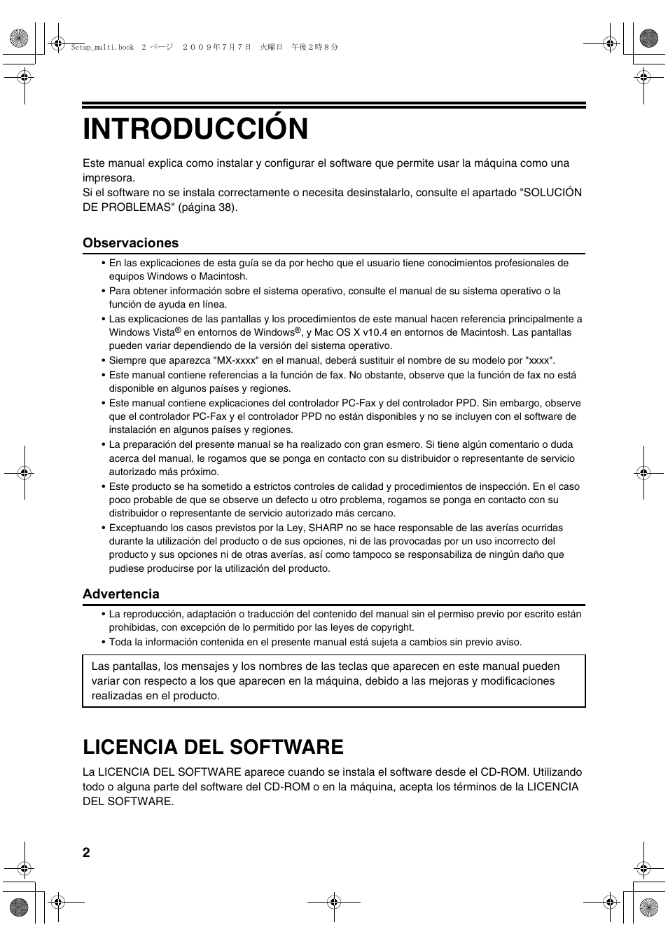 Introducción, Licencia del software, Observaciones | Advertencia | Sharp MX-PB12 User Manual | Page 88 / 172
