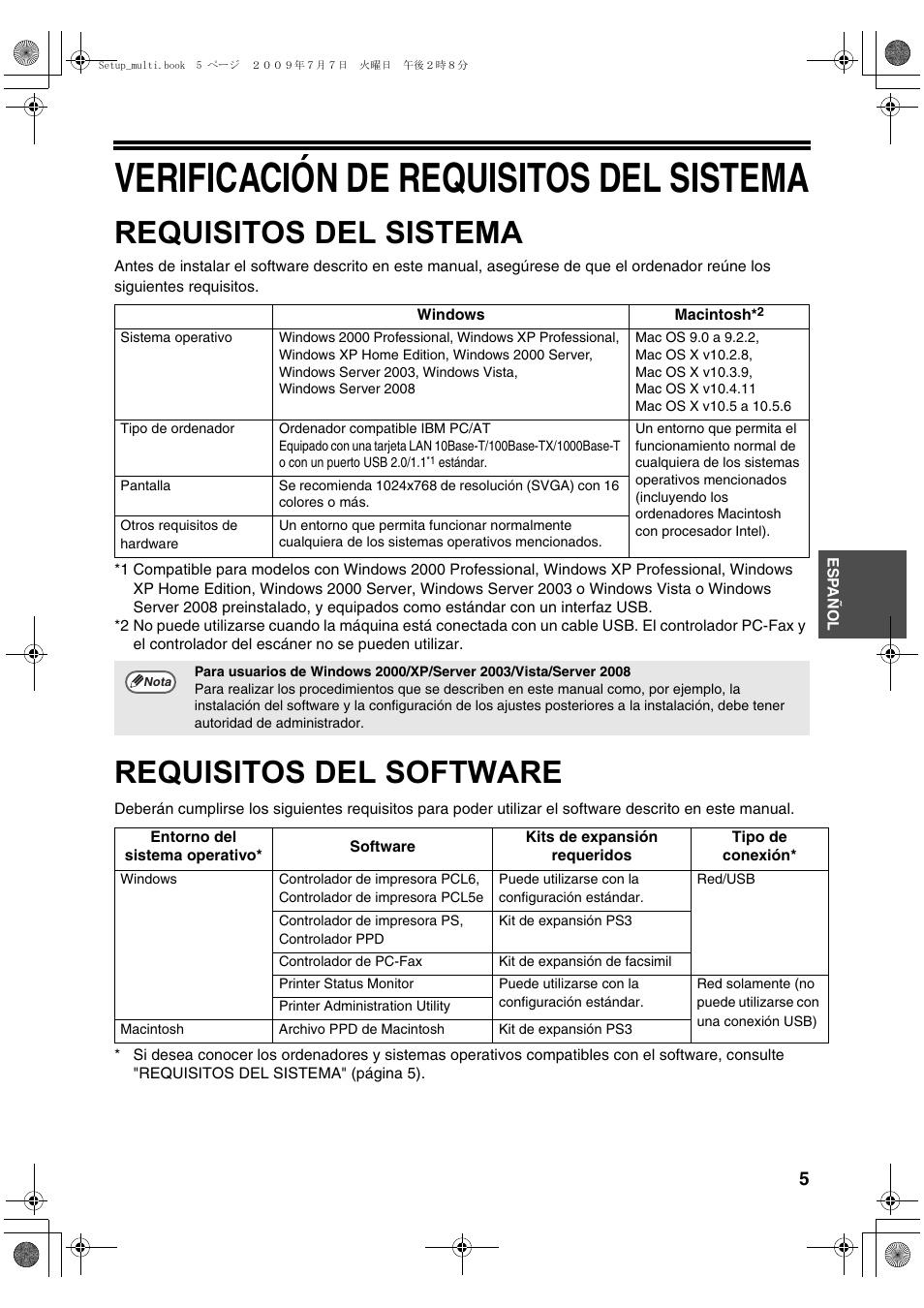 Verificación de requisitos del sistema, Requisitos del sistema, Requisitos del software | Sharp MX-PB12 User Manual | Page 91 / 172