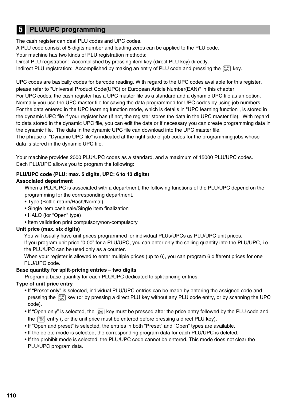 Plu/upc programming | Sharp ER-A520 User Manual | Page 112 / 229