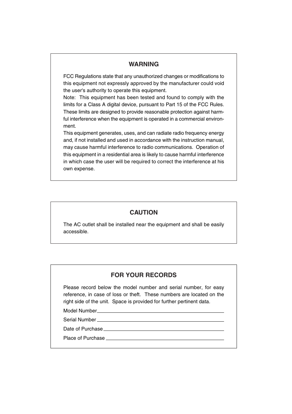 Warning caution, For your records | Sharp ER-A520 User Manual | Page 2 / 229