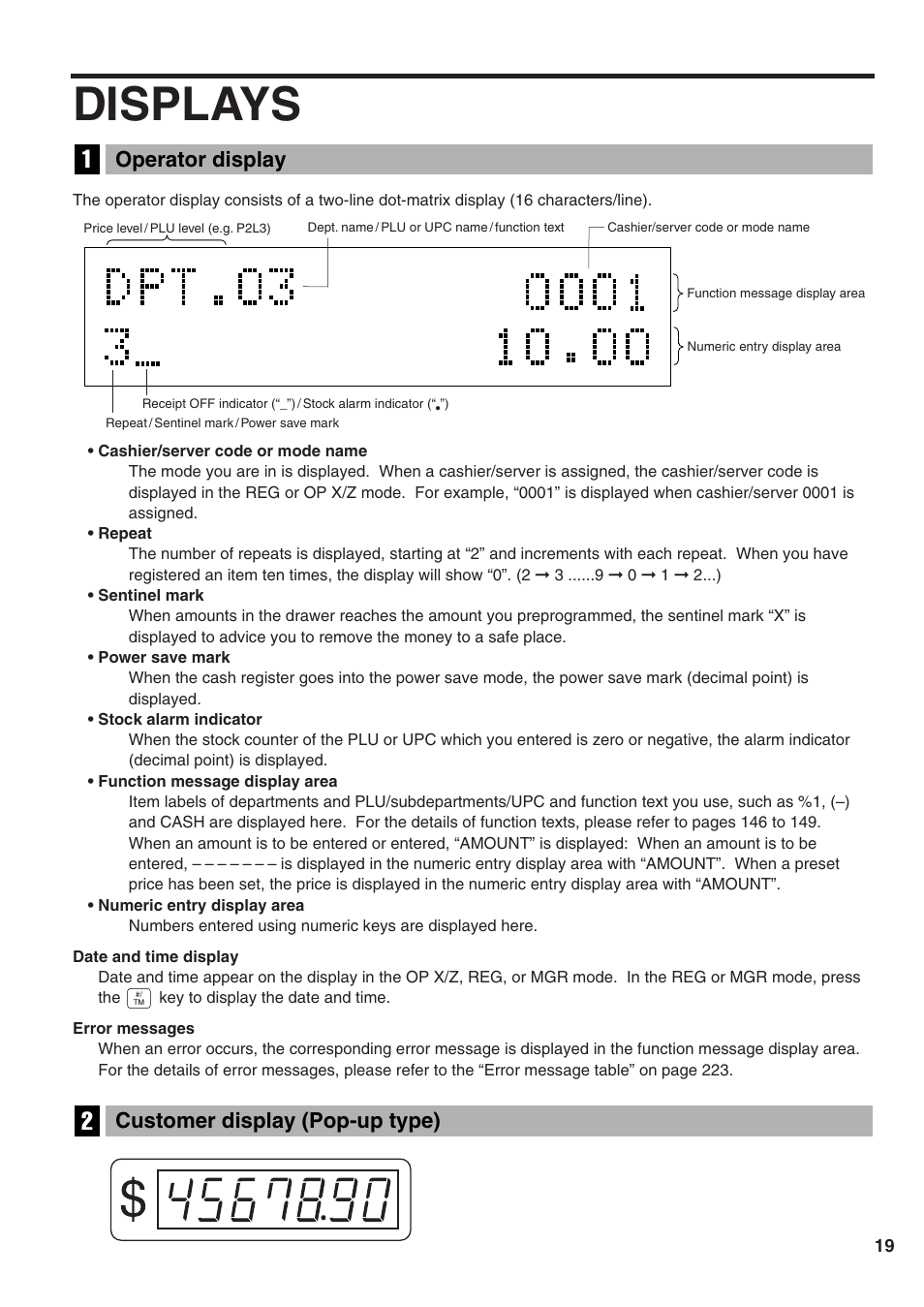 Displays, Customer display (pop-up type), Operator display | Sharp ER-A520 User Manual | Page 21 / 229