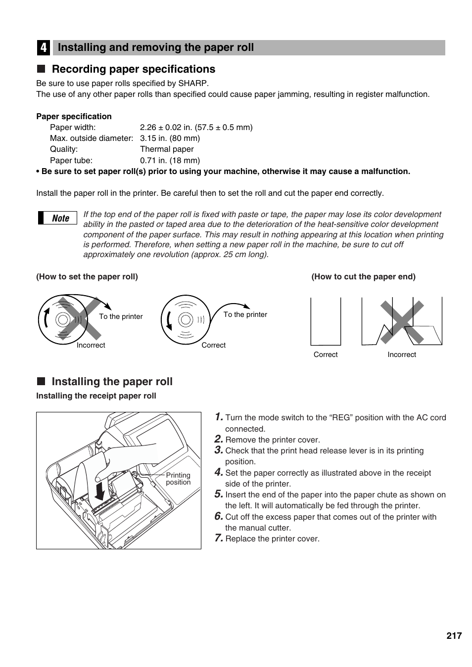 Recording paper specifications, Installing the paper roll, Installing and removing the paper roll | Sharp ER-A520 User Manual | Page 219 / 229