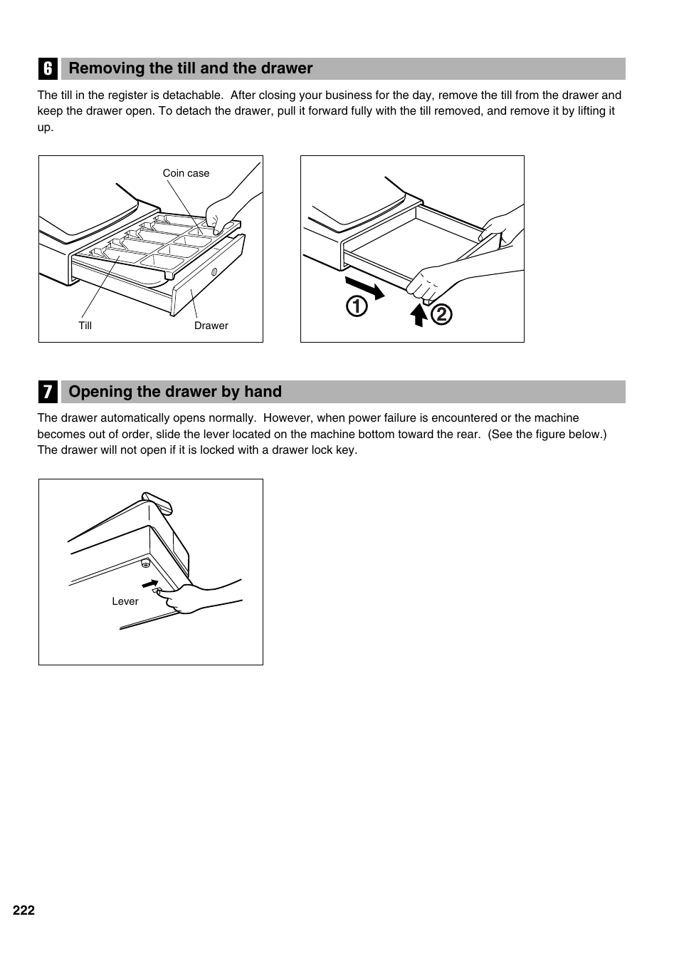 Opening the drawer by hand, Removing the till and the drawer | Sharp ER-A520 User Manual | Page 224 / 229