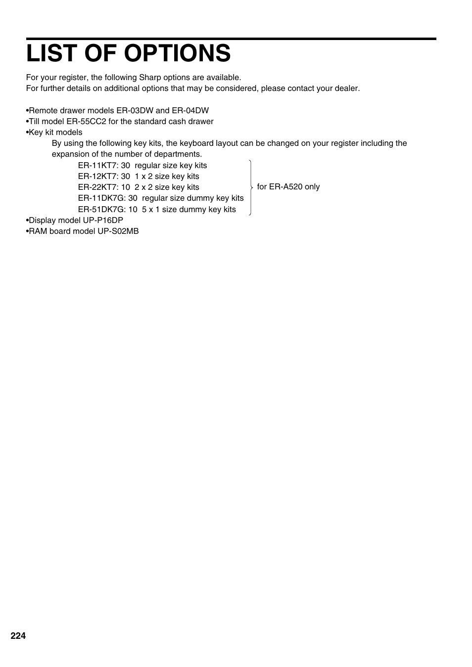 List of options | Sharp ER-A520 User Manual | Page 226 / 229