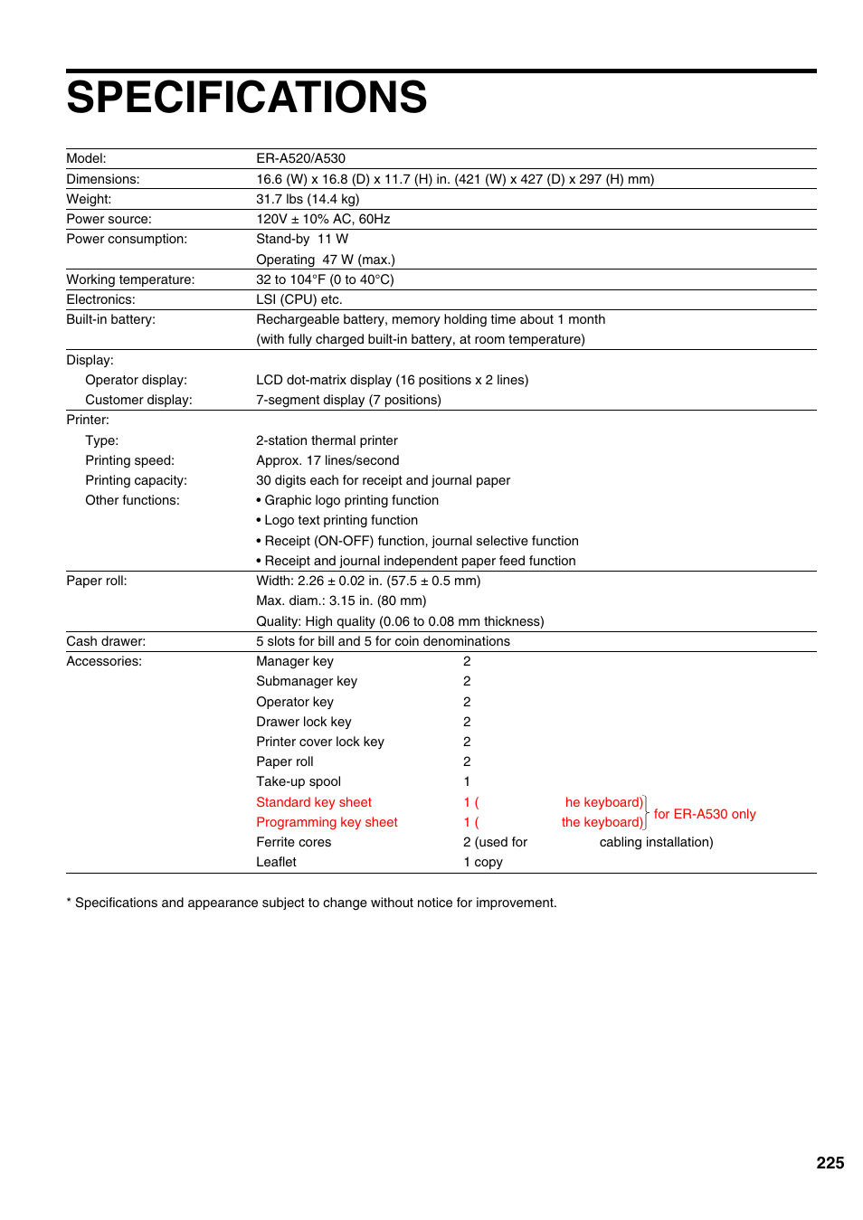 Specifications | Sharp ER-A520 User Manual | Page 227 / 229