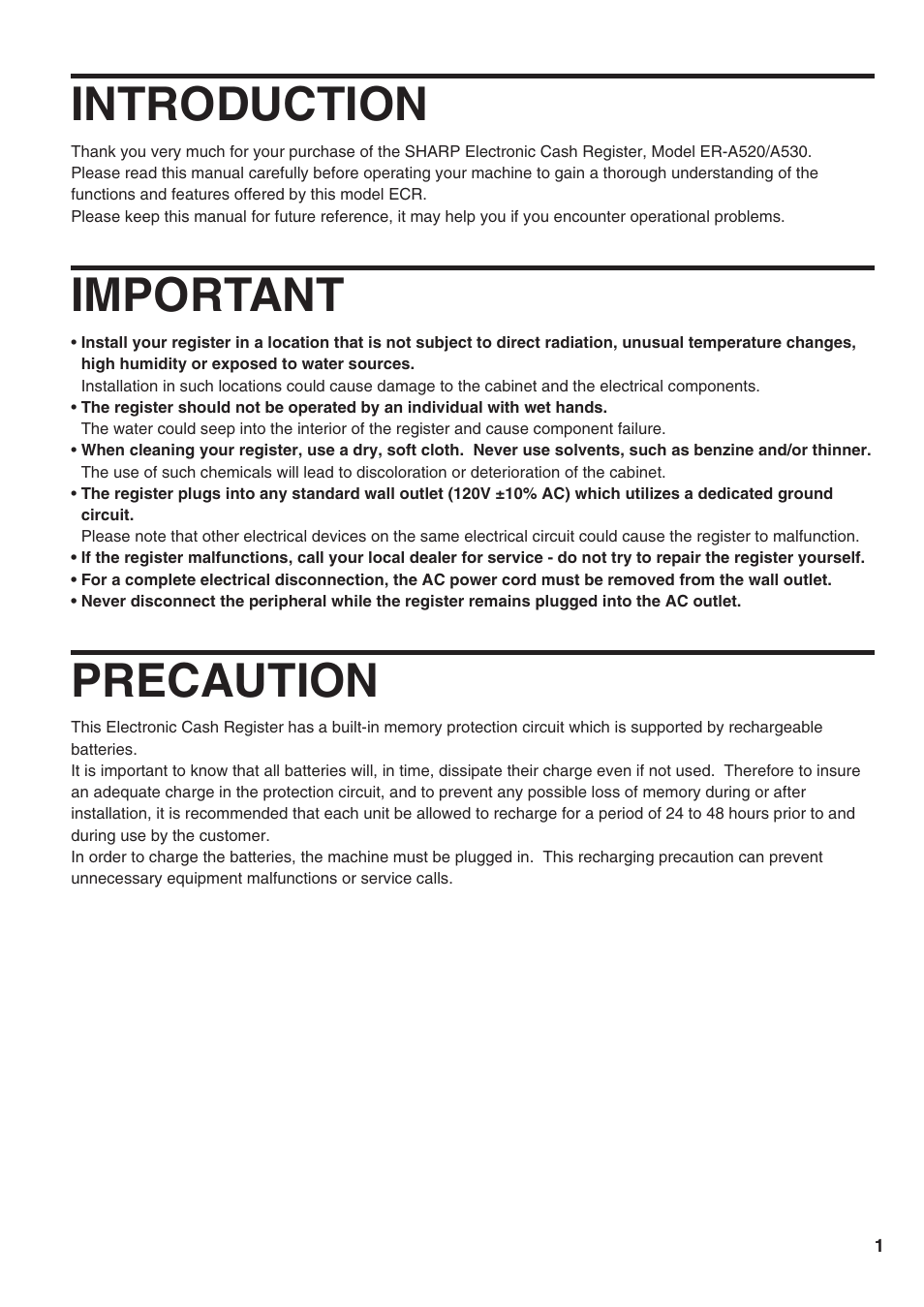 Introduction, Important, Precaution | Sharp ER-A520 User Manual | Page 3 / 229