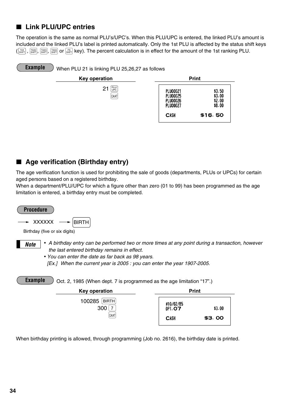 Link plu/upc entries, Age verification (birthday entry) | Sharp ER-A520 User Manual | Page 36 / 229