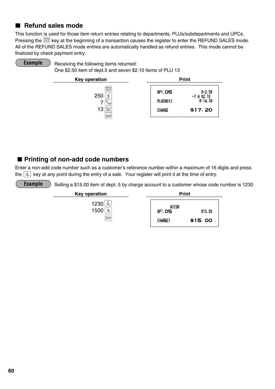 Refund sales mode, Printing of non-add code numbers | Sharp ER-A520 User Manual | Page 62 / 229