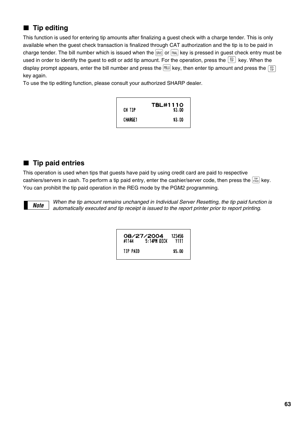 Tip editing, Tip paid entries | Sharp ER-A520 User Manual | Page 65 / 229