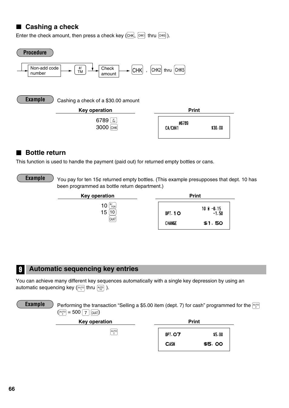 Cashing a check, Bottle return, Automatic sequencing key entries | Sharp ER-A520 User Manual | Page 68 / 229