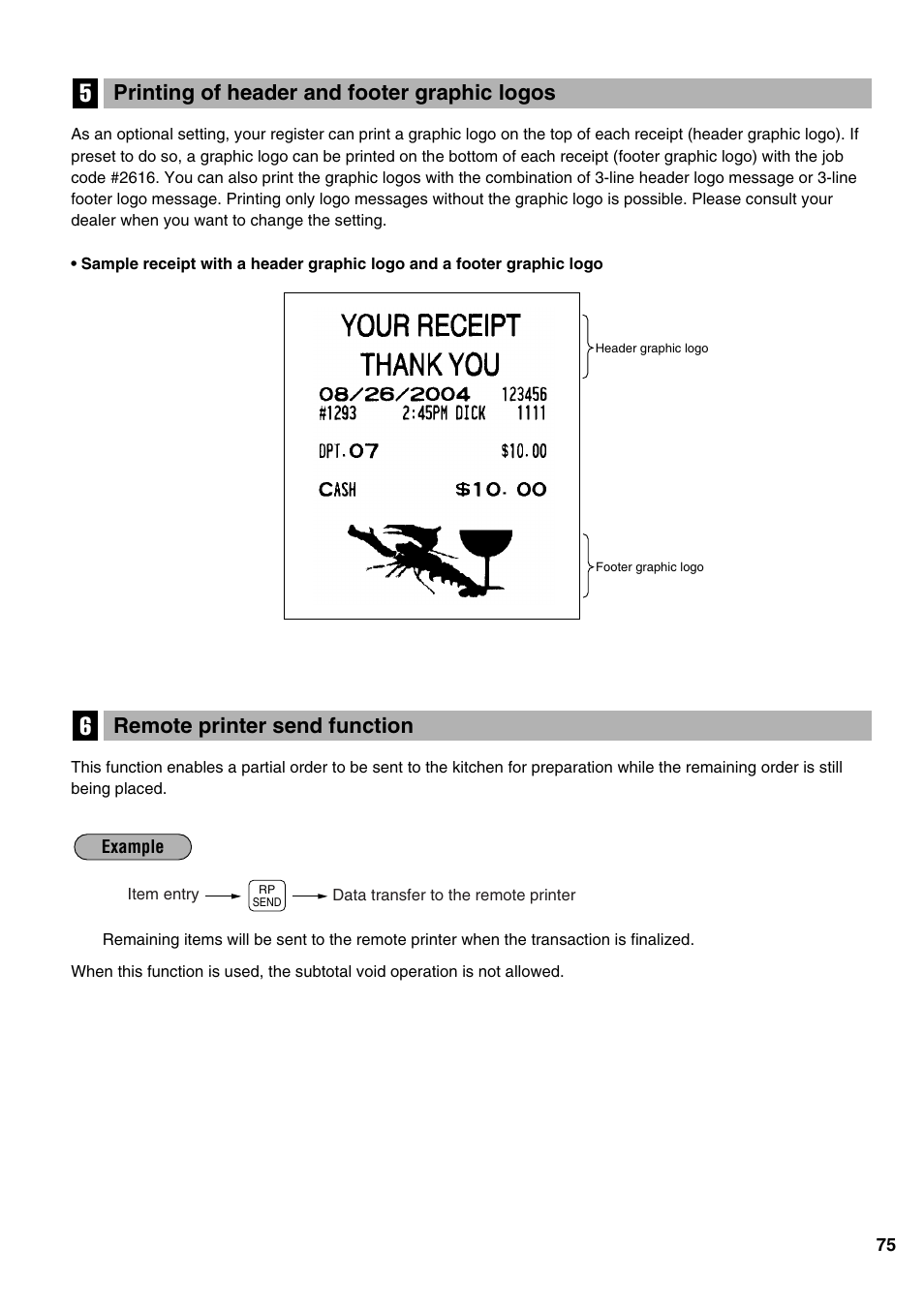 Remote printer send function, Printing of header and footer graphic logos | Sharp ER-A520 User Manual | Page 77 / 229