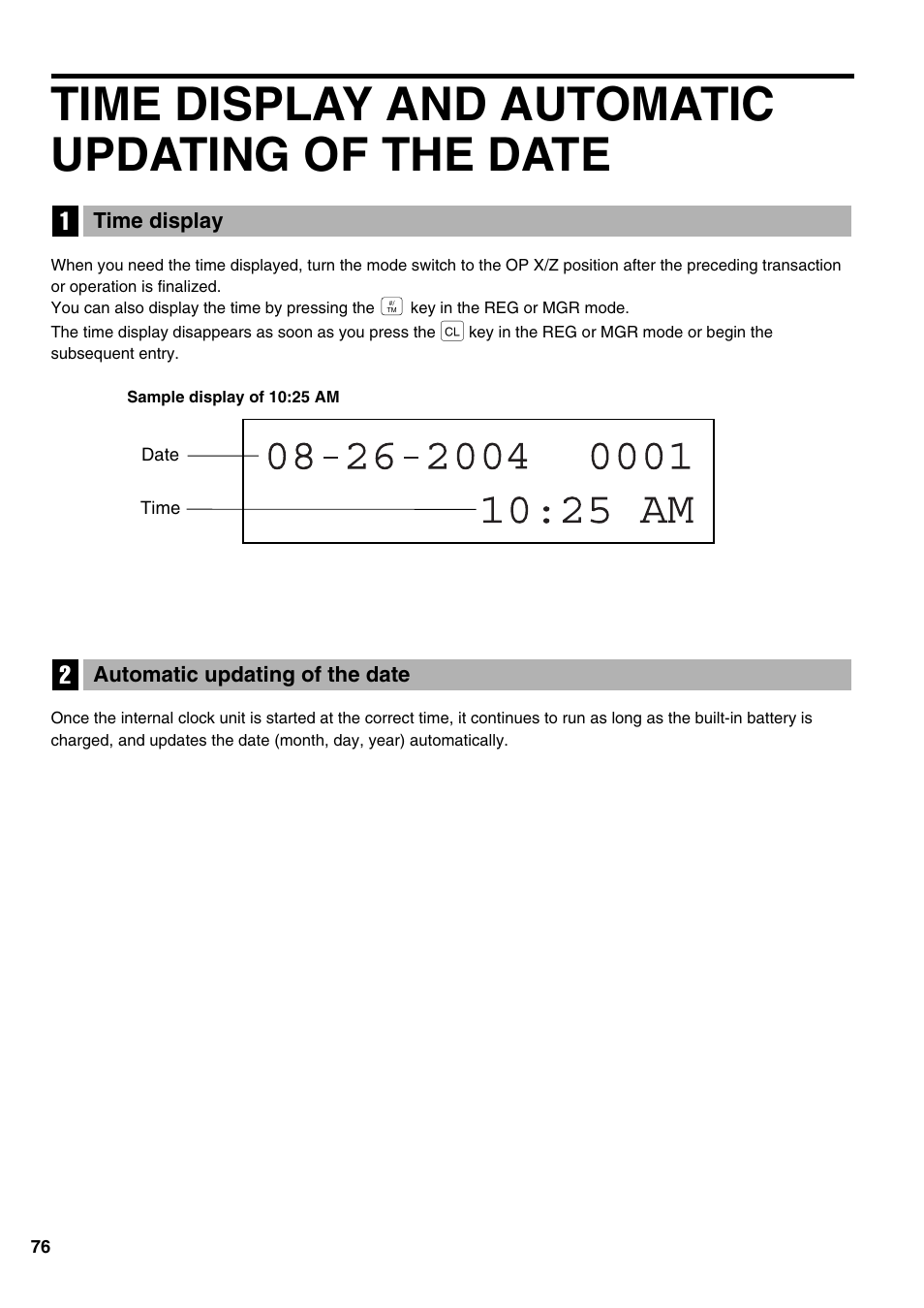 Time display and automatic updating of the date | Sharp ER-A520 User Manual | Page 78 / 229