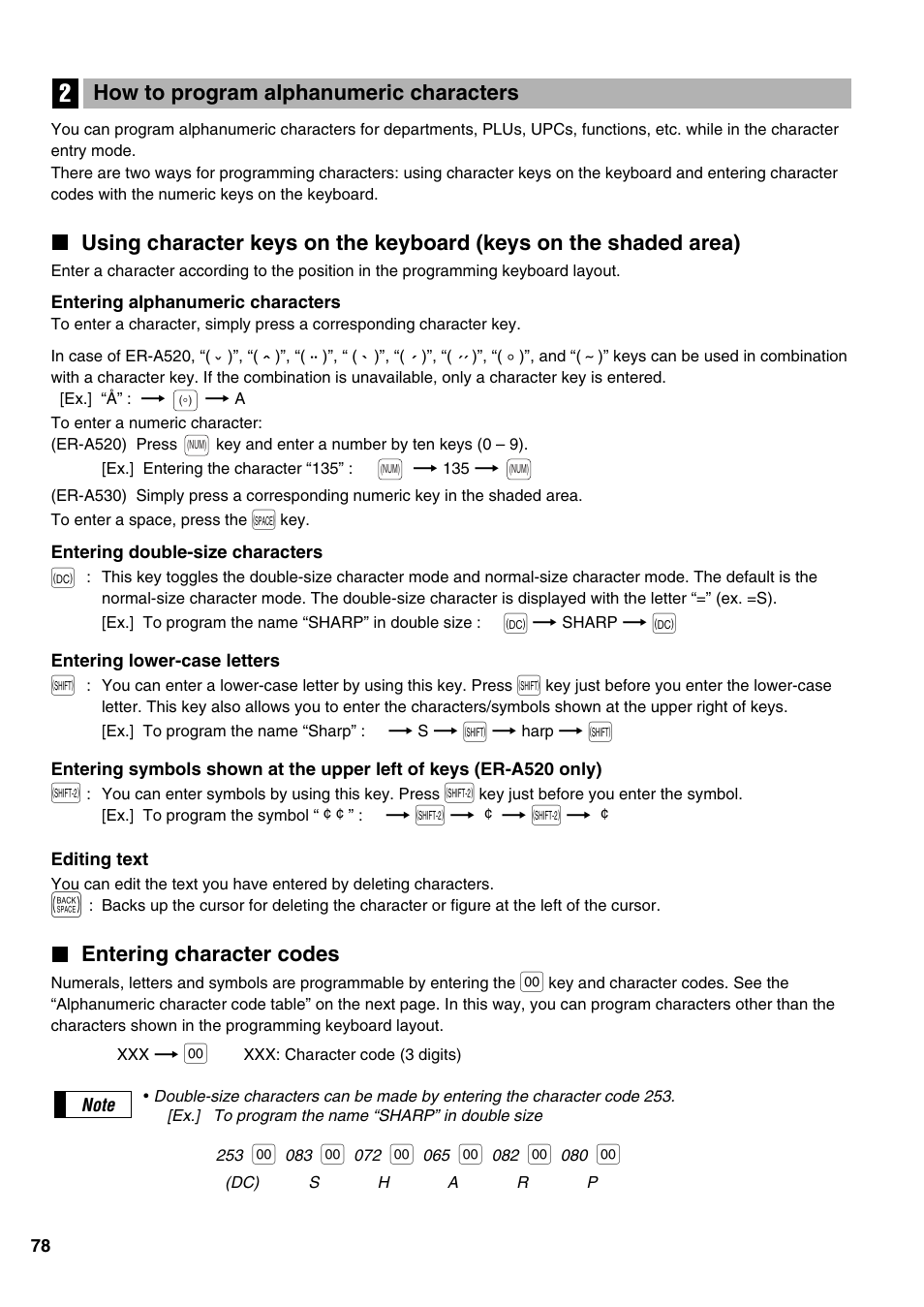 Entering character codes, ˆhow to program alphanumeric characters | Sharp ER-A520 User Manual | Page 80 / 229