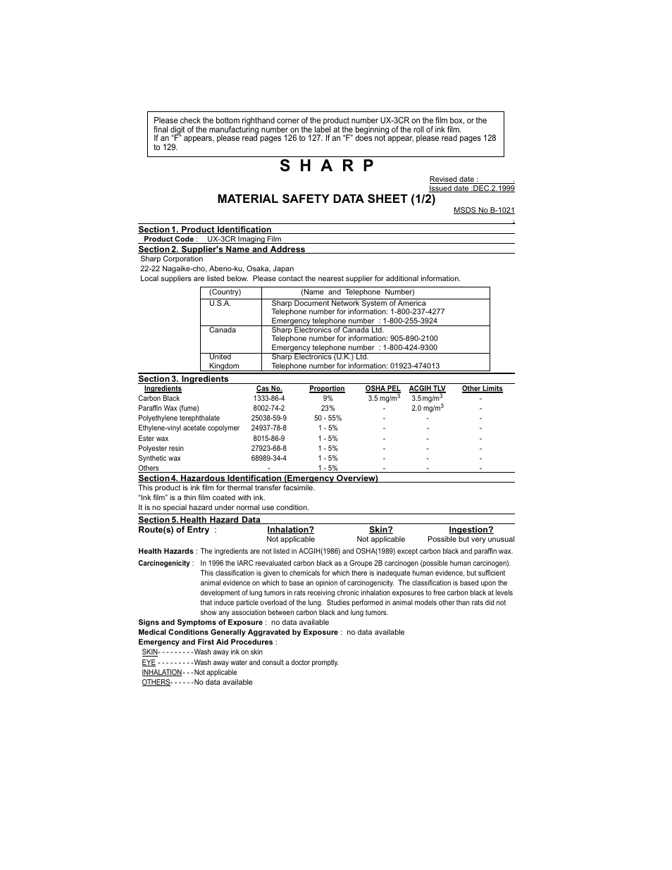 Material safety data sheet (1/2) | Sharp UX-465L User Manual | Page 128 / 136