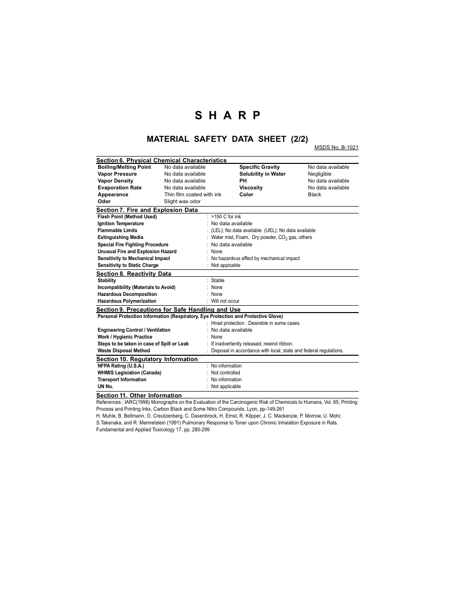 Material safety data sheet (2/2) | Sharp UX-465L User Manual | Page 129 / 136