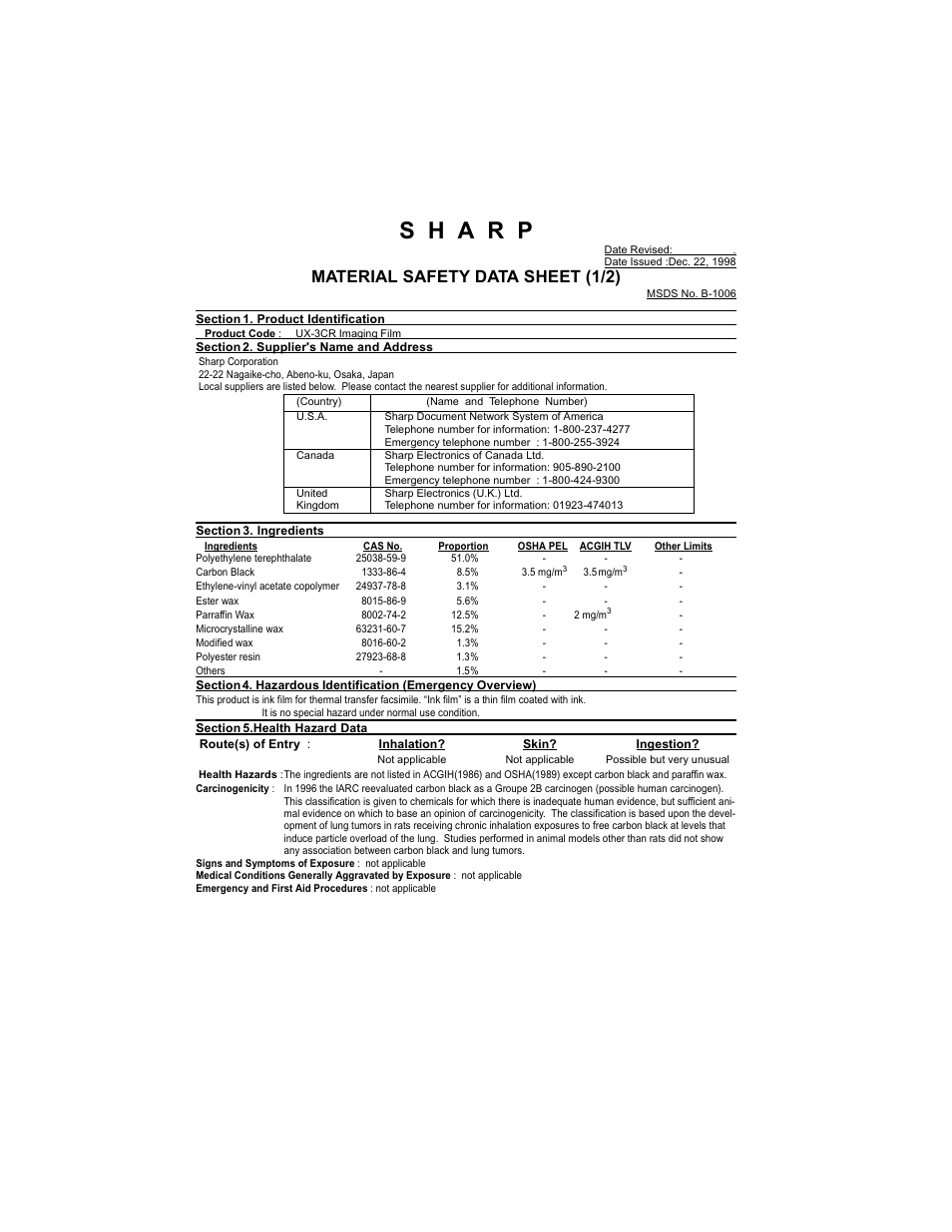 Material safety data sheet (1/2) | Sharp UX-465L User Manual | Page 130 / 136