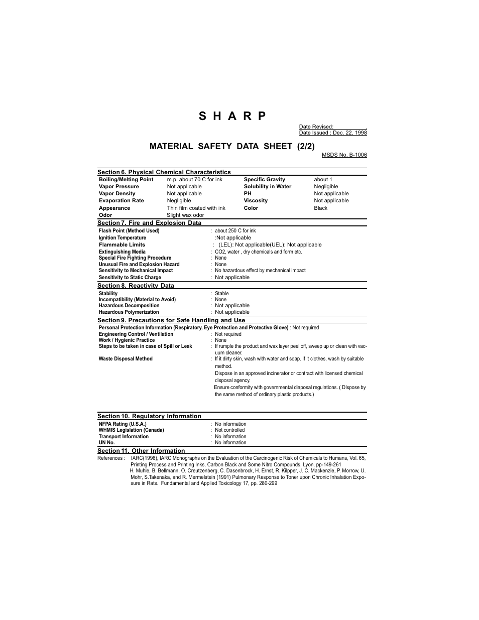 Material safety data sheet (2/2) | Sharp UX-465L User Manual | Page 131 / 136