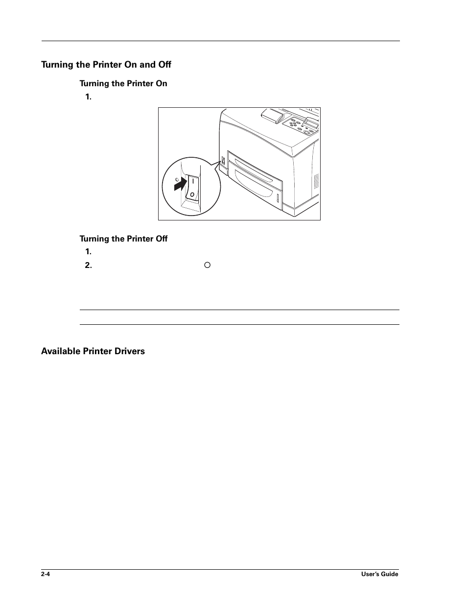 Turning the printer on and off, Turning the printer on, Turning the printer off | Available printer drivers, Turning the printer on and off -4, Available printer drivers -4, Turning the printer, On and off, Available printer, Drivers | Sharp DX-B450P User Manual | Page 12 / 146