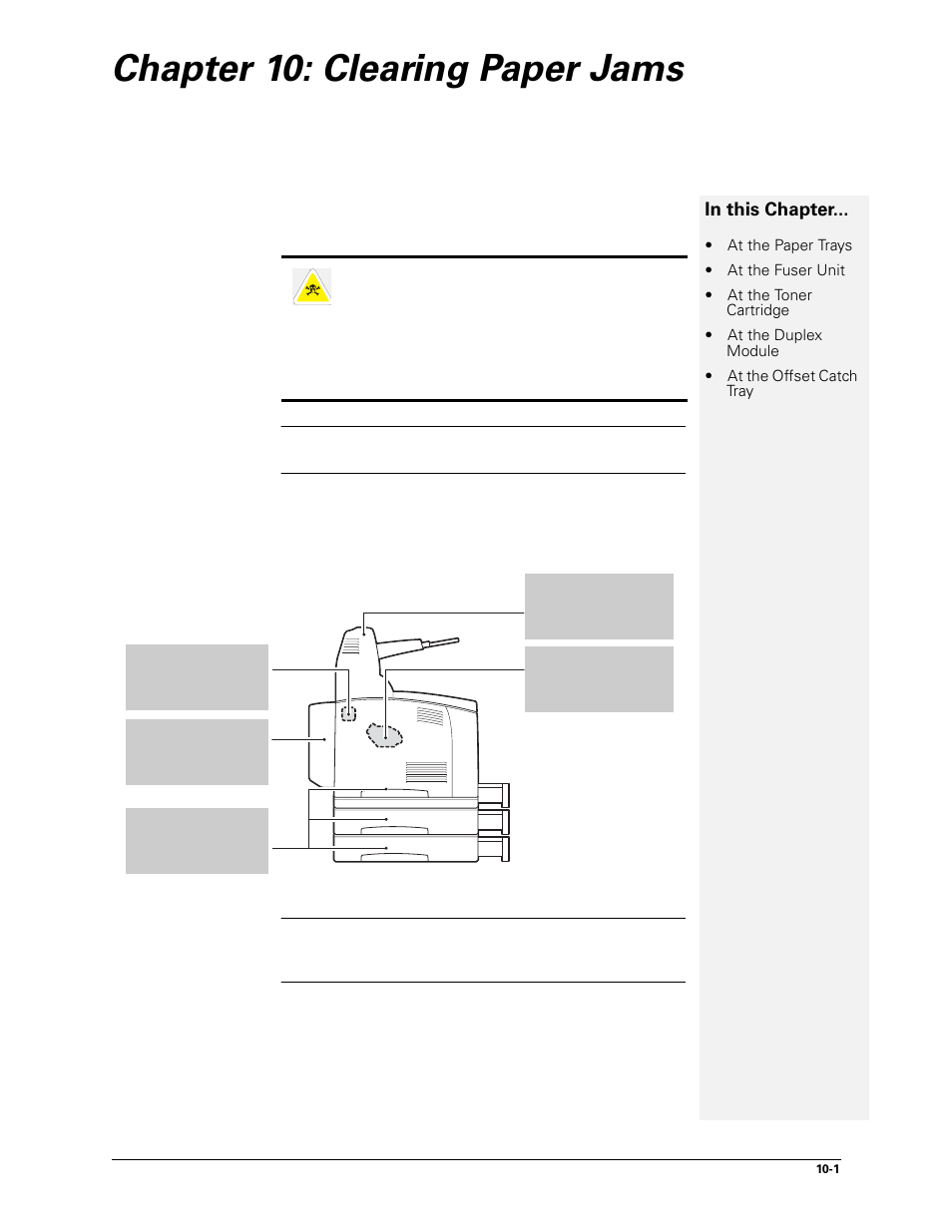 Chapter 10: clearing paper jams, 10 clearing paper jams -1 | Sharp DX-B450P User Manual | Page 123 / 146