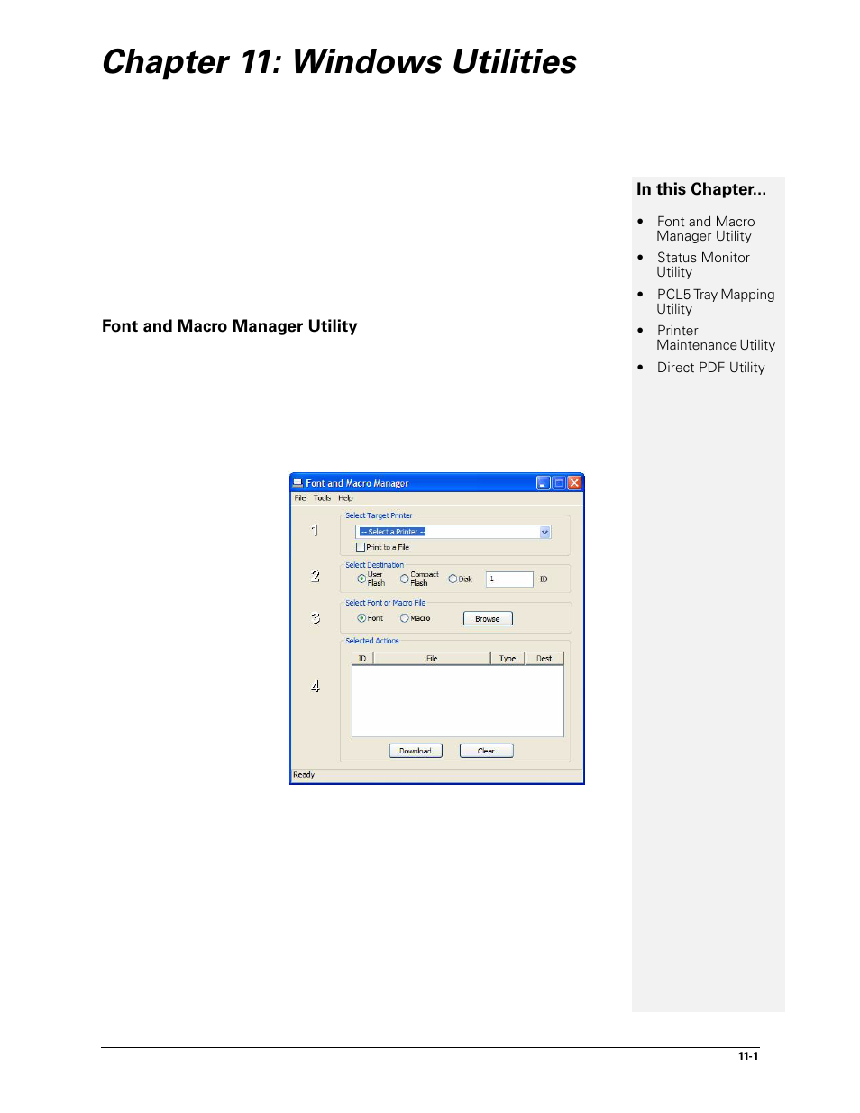 Chapter 11: windows utilities, Font and macro manager utility, 11 windows utilities -1 | Font and macro manager utility -1 | Sharp DX-B450P User Manual | Page 135 / 146