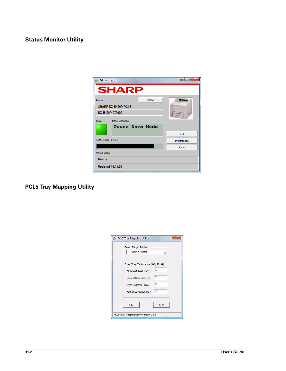 Status monitor utility, Pcl5 tray mapping utility, Status monitor | Utility, Pcl5 tray mapping | Sharp DX-B450P User Manual | Page 136 / 146