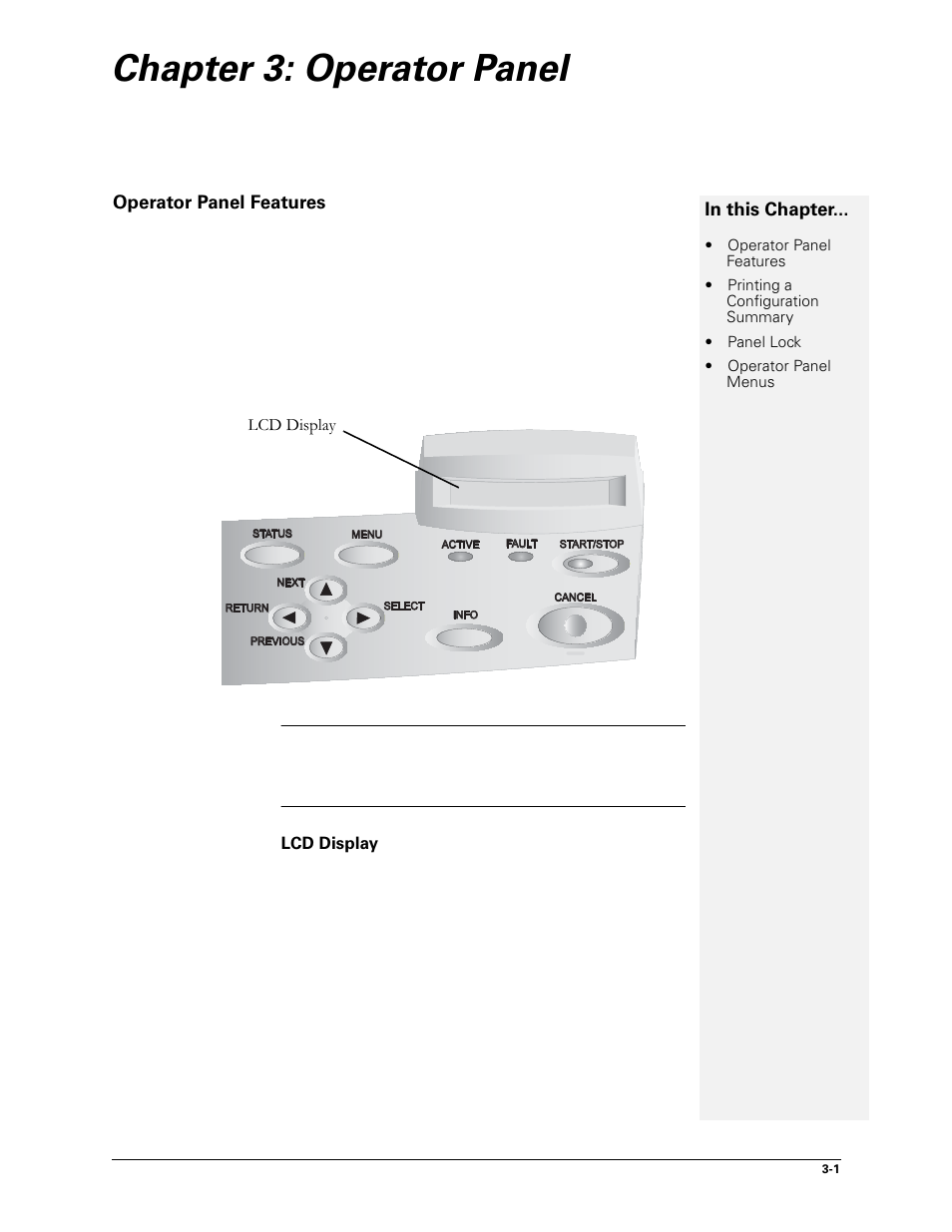 Chapter 3: operator panel, Operator panel features, Lcd display | 3 operator panel -1, Operator panel features -1, Lcd display -1 | Sharp DX-B450P User Manual | Page 27 / 146