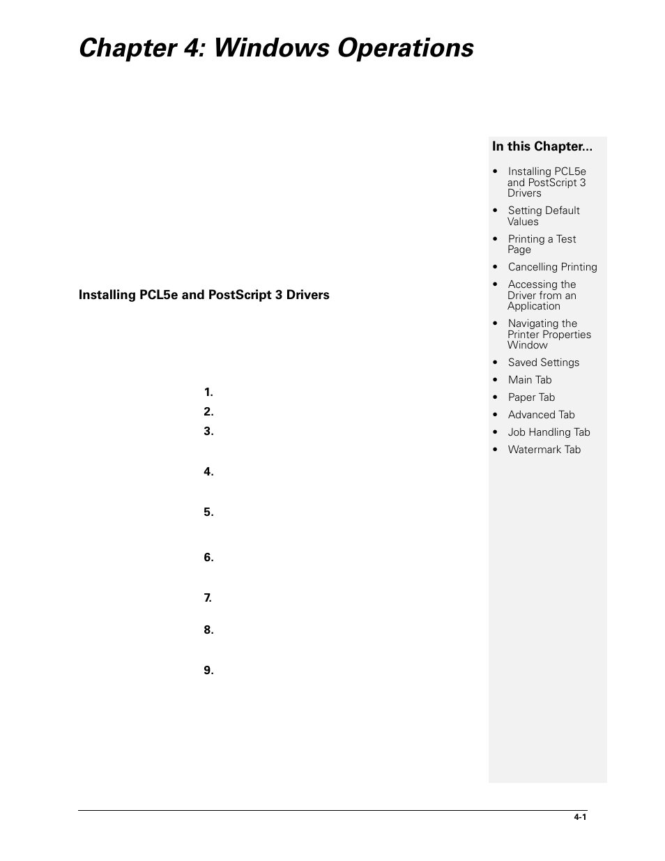 Chapter 4: windows operations, Installing pcl5e and postscript 3 drivers, 4 windows operations -1 | Installing pcl5e and postscript 3 drivers -1 | Sharp DX-B450P User Manual | Page 47 / 146